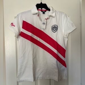 Tommy Hilfiger White Polo with Pink Diagonal Stripes and Crest- BRAND NEW
